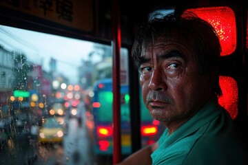 Fototapeta premium A pensive Asian man on a rainy bus ride with city lights blurred, capturing a moment of reflection amidst urban traffic and wet weather conditions reflecting from inside.