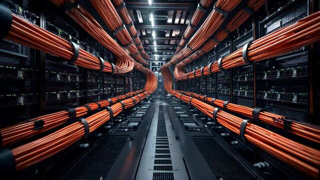 Data center with futuristic cable infrastructure, a high-tech network communication hub.