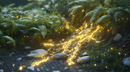 Obraz premium Mystical alien forest background with glowing ferns and pulsating roots intertwined with minerals. Pulsating Roots. Illustration