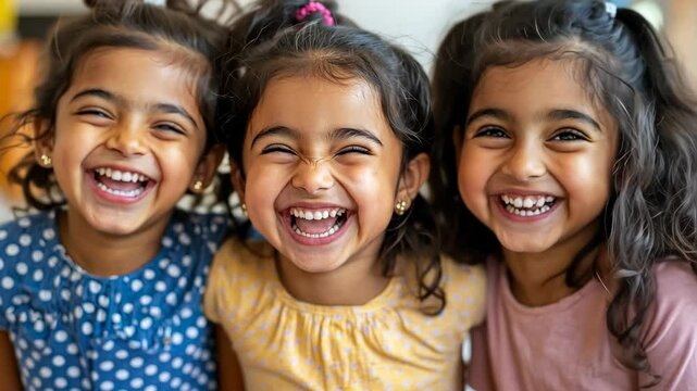 Sisters laughing joyfully together indoors, capturing their carefree moments during playtime in a bright, cheerful setting
