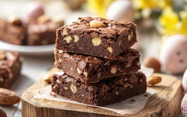 Of a stack of chocolate brownies with nuts on an Easter dessert table
