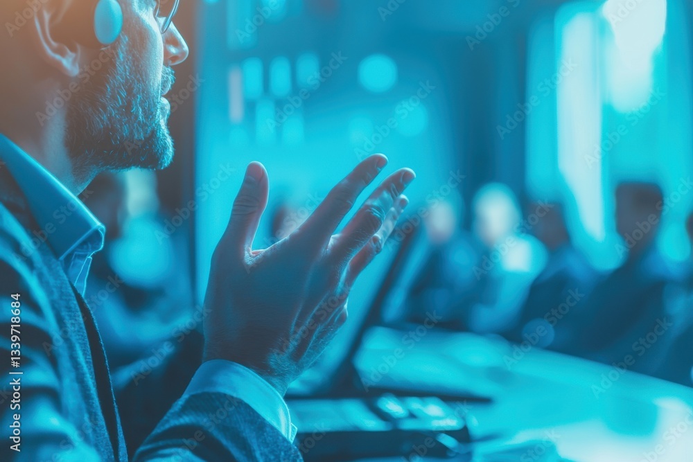 Poster a speaker passionately delivers a presentation at a conference, using hand gestures to emphasize poi
