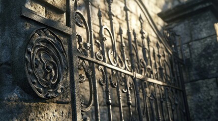 Intricate Wrought Iron Gate with Ornate Scrollwork and Stone Pillar Vintage Architectural Deta