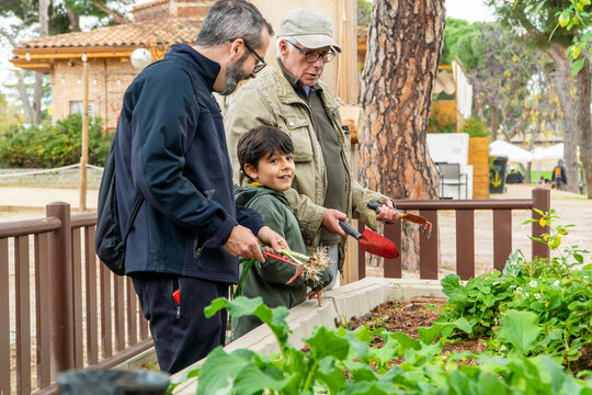Multigenerational Family Working in Urban Garden Together