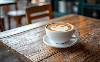 Obraz premium Of a warm cup of cappuccino with latte art on a wooden cafÃ? table