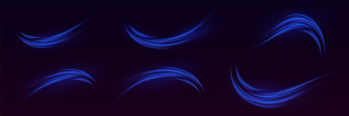 Blue neon lines set. Laser speed beams. Light energy light movement technology.