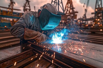 A diligent welder immersed in their craft at a construction site, sparks dancing around, highlighting the intense work and crucial role in infrastructure development, in orange color.