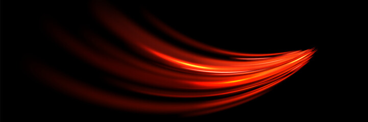 Bright red orange wave speed lines. Abstract curved stripes dynamic motion. Speed ​​acceleration driving on night road. Vector.