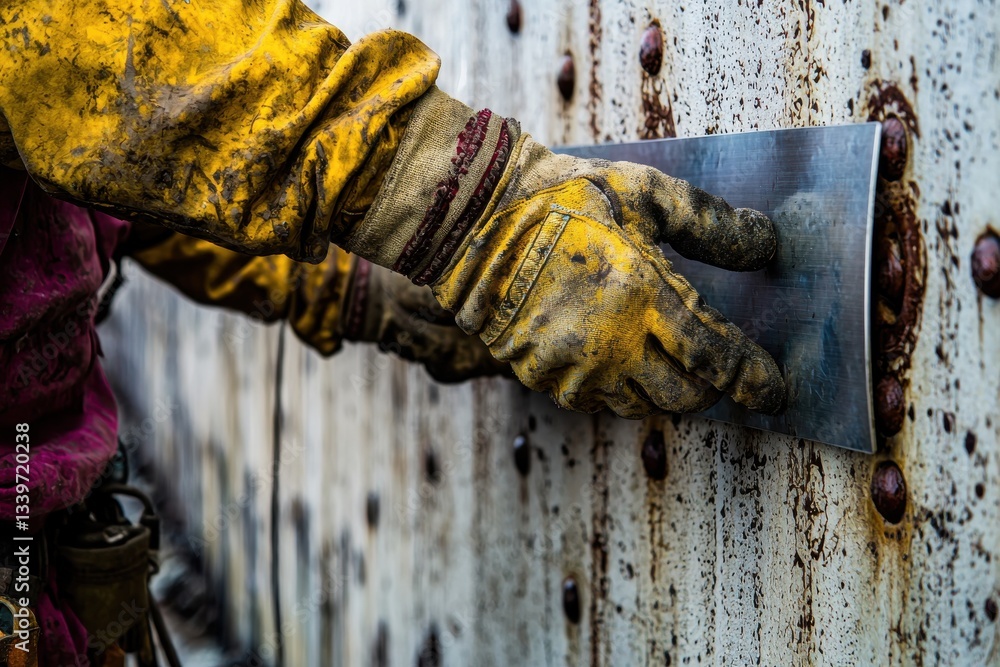 Poster close-up of a construction worker smoothing surface with a trowel, hands in dirty gloves in action, 
