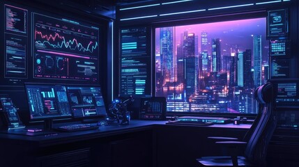 Futuristic City Night View From A Technological Office Workspace Involving Digital Design Display Screen And Modern Controls Dashboard.High Tech Abstract Artwork Or Wallpaper Background Of City