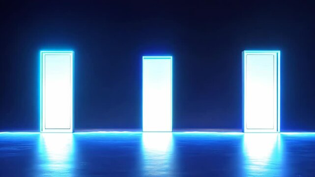 Three tall, rectangular lighted boxes are lit up in a dark room. The boxes are all different colors, with one being blue, one being green, and one being red. The boxes are arranged in a row