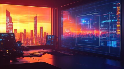 Futuristic Cityscape at Sunset Viewed from a High Tech Control Room System and Screen Interface With Panels Displaying Information Graphics of a Modern Cityscape During Night Time With Bright Glowing