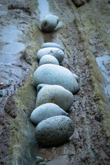 A close-up image of smooth, rounded stones naturally aligned in a row on a wet, textured rocky surface.