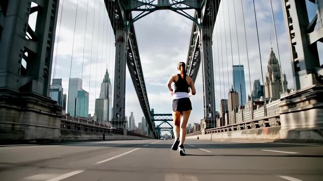 Runner on an empty bridge, a solo fitness challenge in the city.