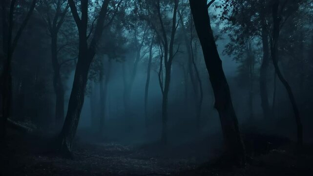 Dark foggy forest, a haunting and mysterious natural landscape.