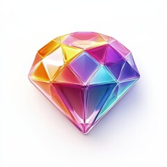 Realistic 3D cartoon icon of a radiant diamond gemstone with rainbow reflections on a white background