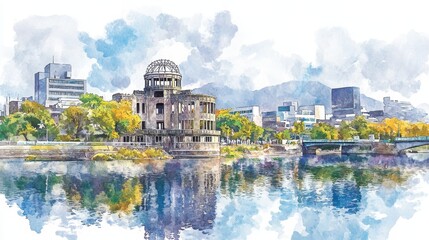 Fototapeta premium Hiroshima Peace Memorial: A Watercolor Reflection - Symbol of peace, resilience, remembrance, hope, and reconstruction; Hiroshima's Atomic Bomb Dome reflected in serene waters