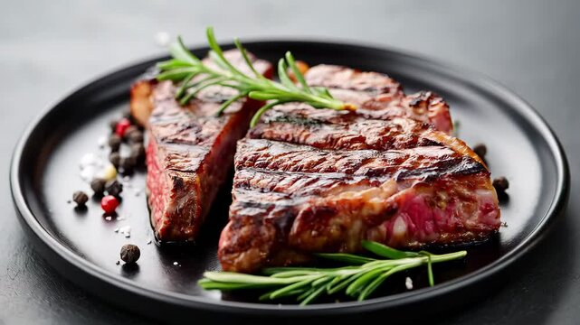 Juicy grilled steak with herbs and spices, a gourmet meat dish.