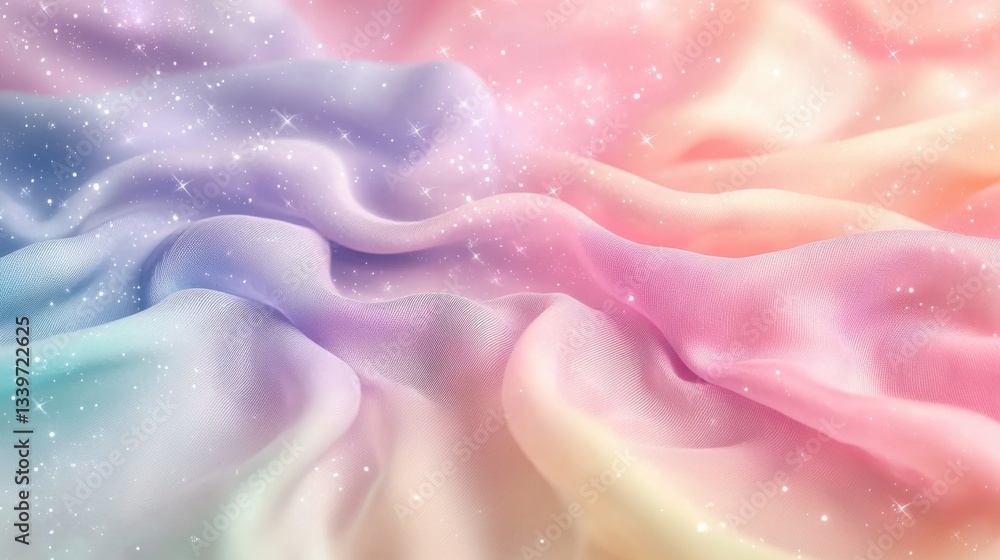 Poster pastel draped fabric with light sparkles creating a soft and dreamy iridescent background.