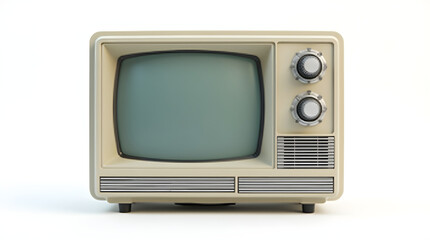 Vintage Cream Analog CRT Television - Retro Classic TV with Knobs Speaker for Broadcast Entertainment - Isolated Front View Old Antique Television Set on White Background