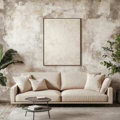 A modern living room setting featuring a sofa and artwork