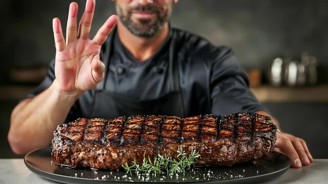 Chef presenting a grilled steak for four persons, a premium culinary masterpiece.