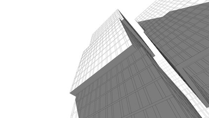 Modern Wireframe Skyscraper – Abstract Urban Architecture in Perspective 3D rendering