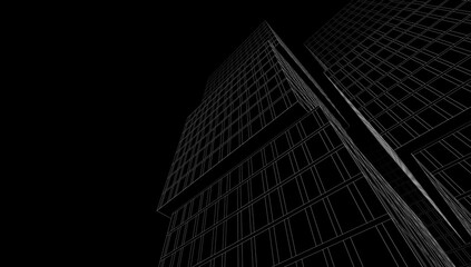 Modern Wireframe Skyscraper &ndash; Abstract Urban Architecture in Perspective 3D rendering