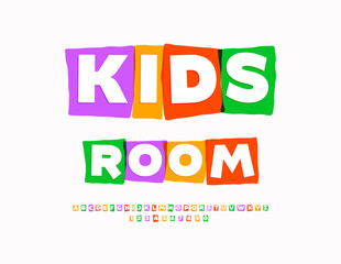 Vector Creative emblem Kids Room. Bright Joyful Font. Colorful Alphabet Letters, Numbers and Symbols.
