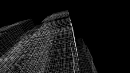 Modern Wireframe Skyscraper – Abstract Urban Architecture in Perspective 3D rendering