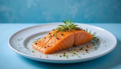 Fresh raw salmon fillet isolated on light blue background