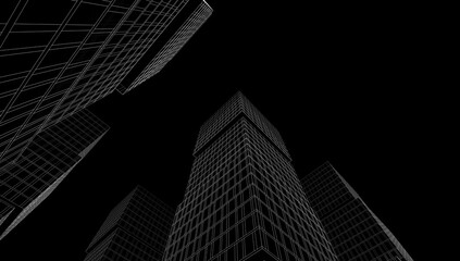 Fototapeta premium Modern Wireframe Skyscraper – Abstract Urban Architecture in Perspective 3D rendering