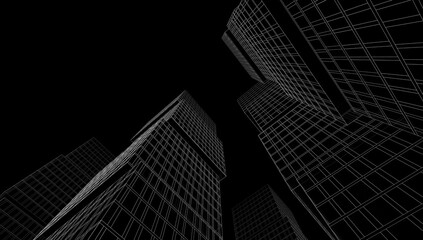 Modern Wireframe Skyscraper – Abstract Urban Architecture in Perspective 3D rendering