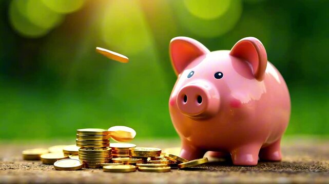 Gold coins falling into pink piggy bank on textured surface against green bokeh background. Concept of financial growth, money management, passive income.
