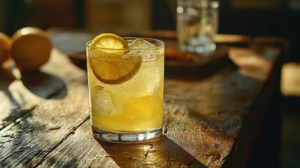   A glass of lemonade sits atop a wooden table alongside a plate filled with lemons