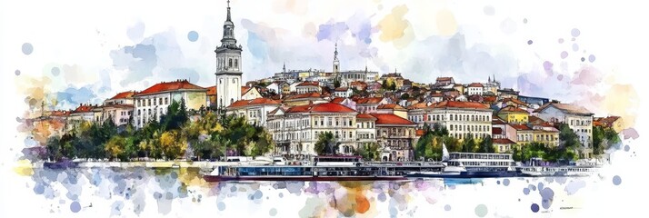 Watercolor Belgrade Cityscape on White - Serene watercolor painting of Belgrade, Serbia. Symbolizing history, culture, riverside charm, urban architecture, and vibrant life
