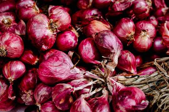 Close-up shot of fresh red onions in Hong Kong market