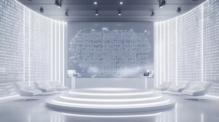 Futuristic White Reception Area With Glowing Walls And Minimalist Design Features for a Contemporary Office Space with Innovative Technology and Bright Lighting to Create a Stylish Ambiance for