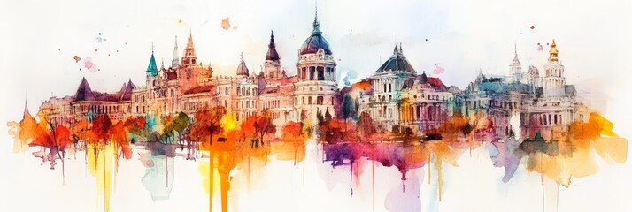 Watercolor Bucharest Skyline Panorama - Vibrant watercolor painting of Bucharest's cityscape, showcasing architecture, autumn colors, and a unique artistic . Symbolising history, culture, beauty