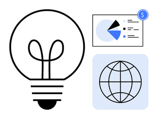 Lightbulb alongside a globe and financial chart with a dollar icon, symbolizing innovation, global connectivity, financial growth, business intelligence, research, and analytics. Ideal for startups