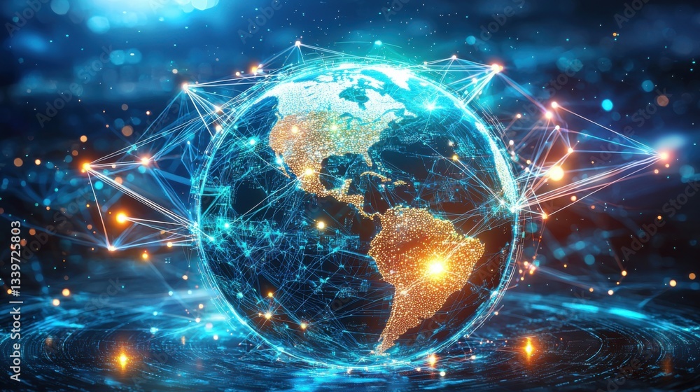 Poster a glowing digital representation of earth with interconnected networks symbolizes global communicati