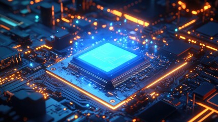 Fototapeta premium Glowing Blue Microchip on Orange Circuit Board