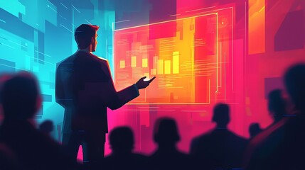  a businessman giving a presentation with glowing graphics