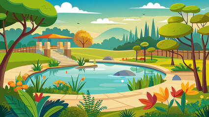 Landscape of ecological lake in Petah Tikva park. Israel.