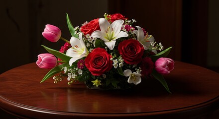 Obraz premium Colorful floral arrangement on wooden table