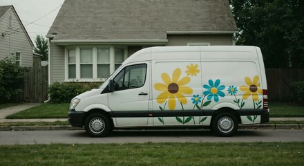 A van with fresh flowers is parked in a residential area