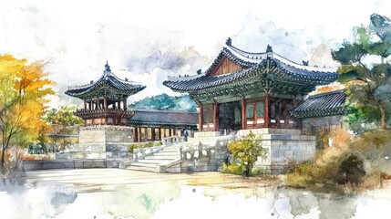 Obraz premium Watercolor Gyeongju: Historic Korean Architecture - Serene watercolor painting of Gyeongju's ancient architecture, symbolizing history, heritage, tranquility, beauty, and cultural richness
