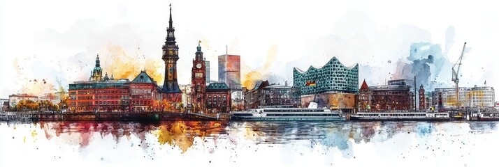 Watercolor Hamburg Skyline Panorama - A picturesque watercolor painting of Hamburg's cityscape, showcasing iconic architecture, harbor views, and vibrant colors. Symbolizes urban beauty, travel