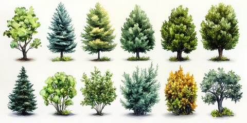 Set of watercolor trees and bushes creating a green and vibrant landscape