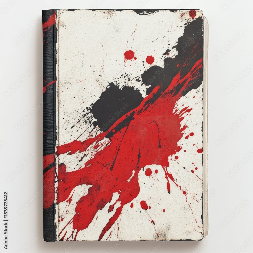 Poster abstract red and black splatter art book: a bold composition with textured cover against a plain bac